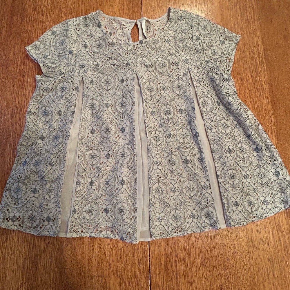 LC Lauren Conrad Grey-Blue Lace Overlay Keyhole Blouse